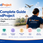 MedProject Health coordinator guiding an international patient in front of India Gate, Delhi, with the text Your Complete Guide to MedProject and icons showing services, treatments, hospitals, visa, process and FAQs.